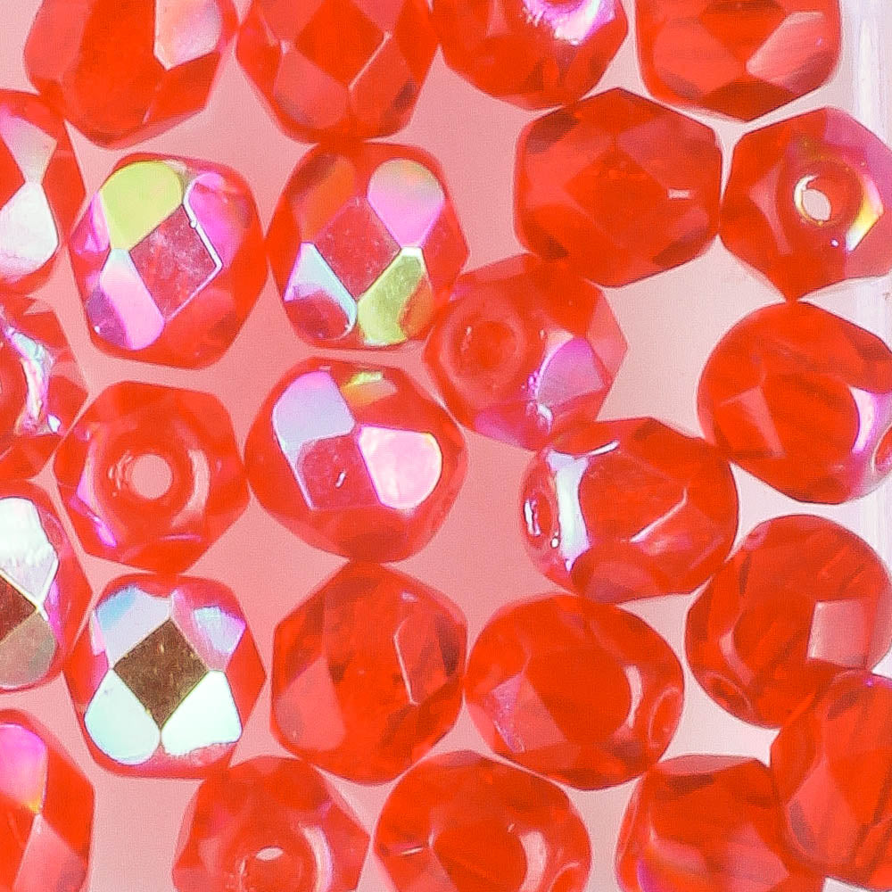 6mm Round Fire Polish Light Red AB - 25 beads