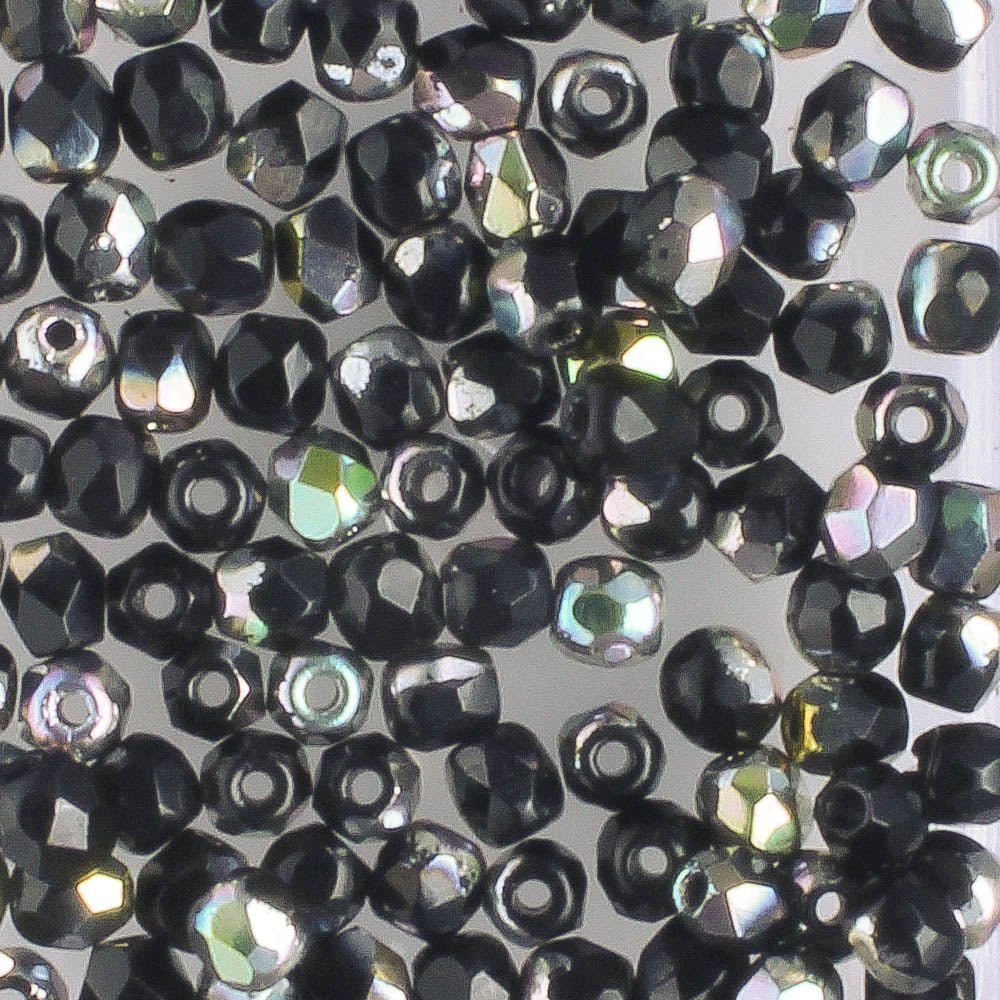 3mm Fire Polish Jet Apollo Silver - 100 beads