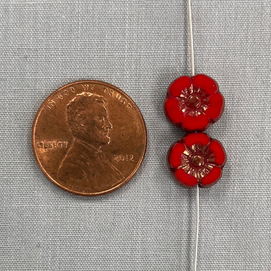 9mm Hibiscus Flower - Scarlet Red with Bronze - qty 16