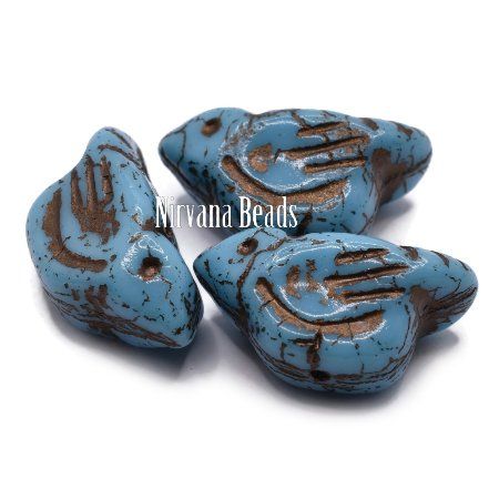 Czech Glass Bird Bead - Sky Blue with a Metallic Brown Wash - each