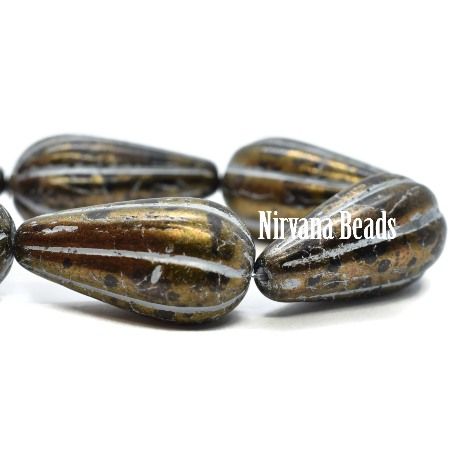 Czech Glass Melon Drop Bead - Black with Gold - each