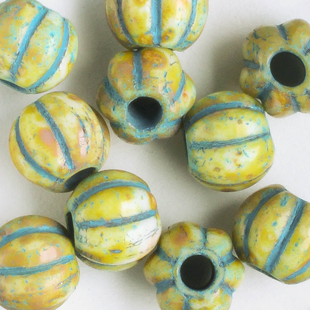 8mm Large Hole Melon - Honey Picasso with Turquoise - Qty 10