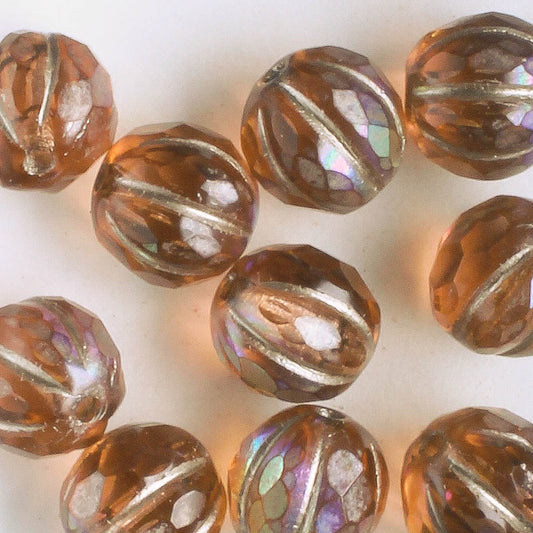 8mm Faceted Melon - Peach AB with Beige - Qty 10