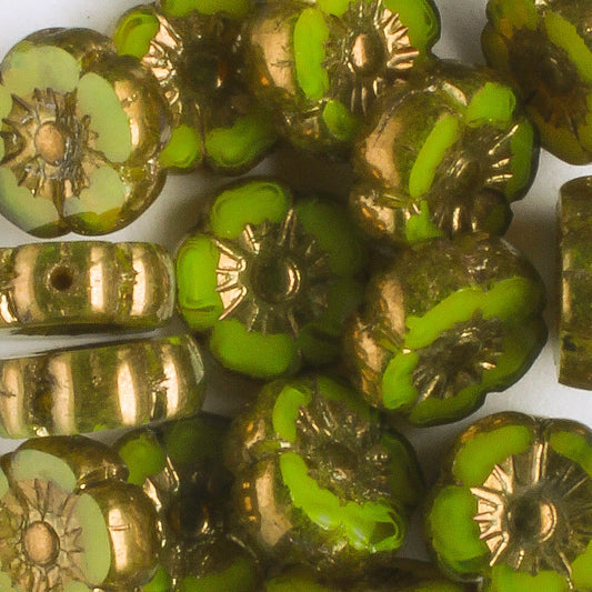 9mm Hibiscus Flower - Avocado with Bronze - qty 16