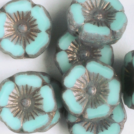 12mm Hibiscus Flower - Blue/Green - qty 8