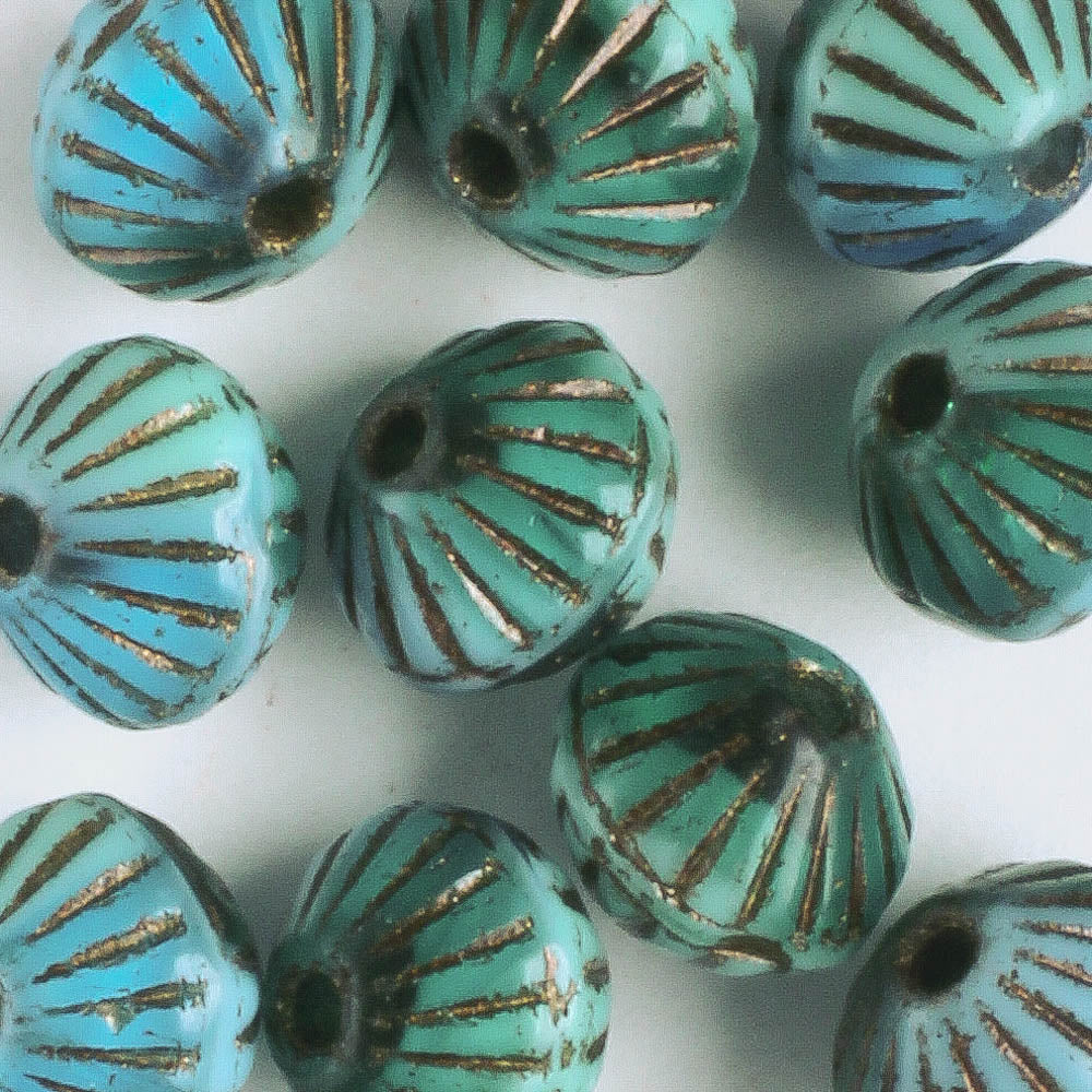 9mm Large Hole Tribal Bicone - Teal with Bronze - qty 10