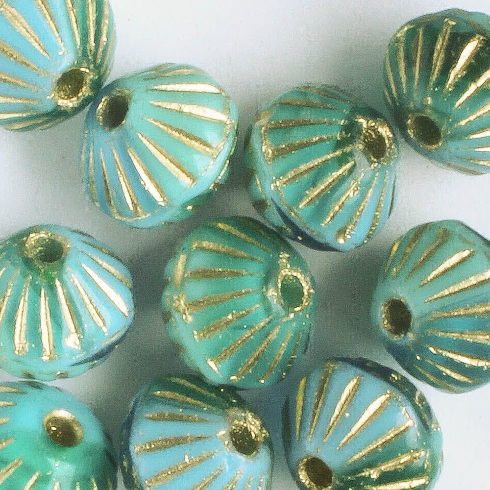 9mm Large Hole Tribal Bicone - Teal with Gold - qty 10