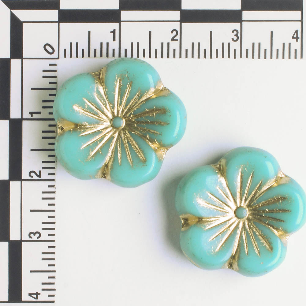 21mm Hibiscus Flower - Turquoise and Gold - each