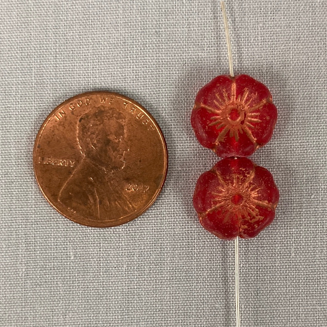 12mm Hibiscus Flower - Red and Copper - qty 8