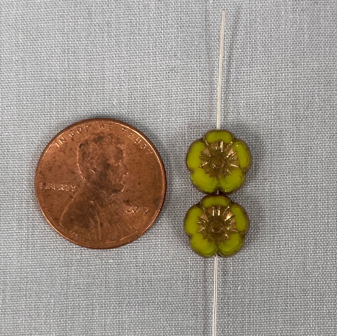 9mm Hibiscus Flower - Avocado with Bronze - qty 16