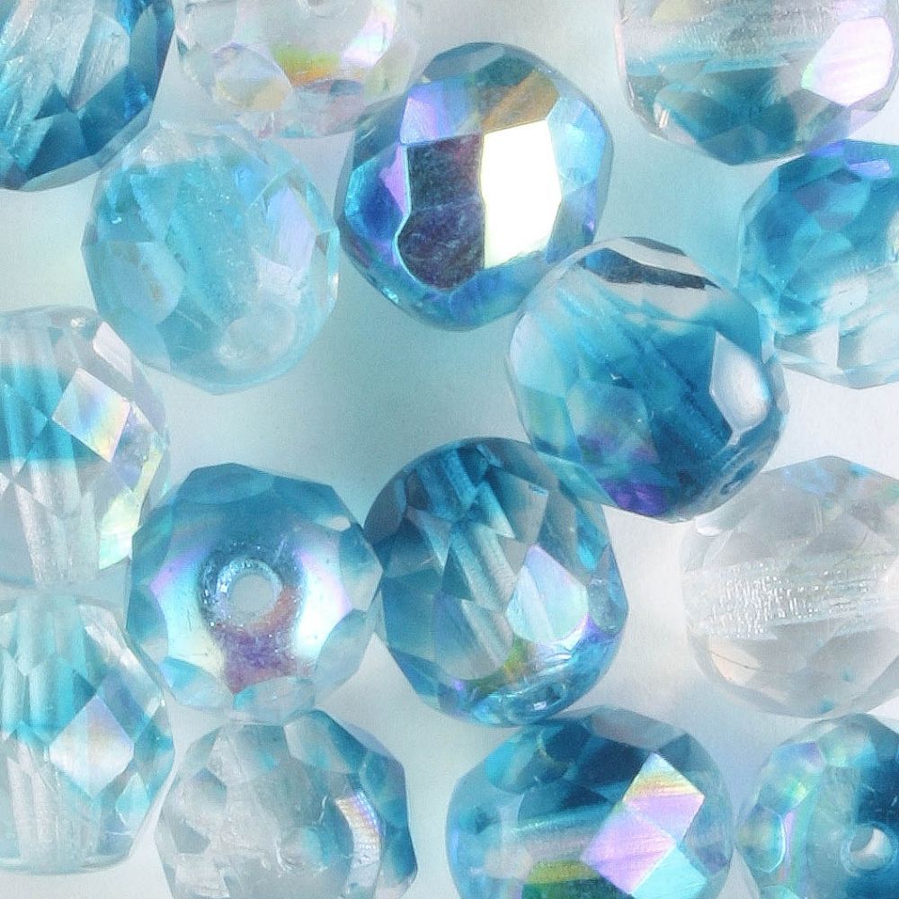 8mm Round Fire Polish Clear/Aqua - 15 beads