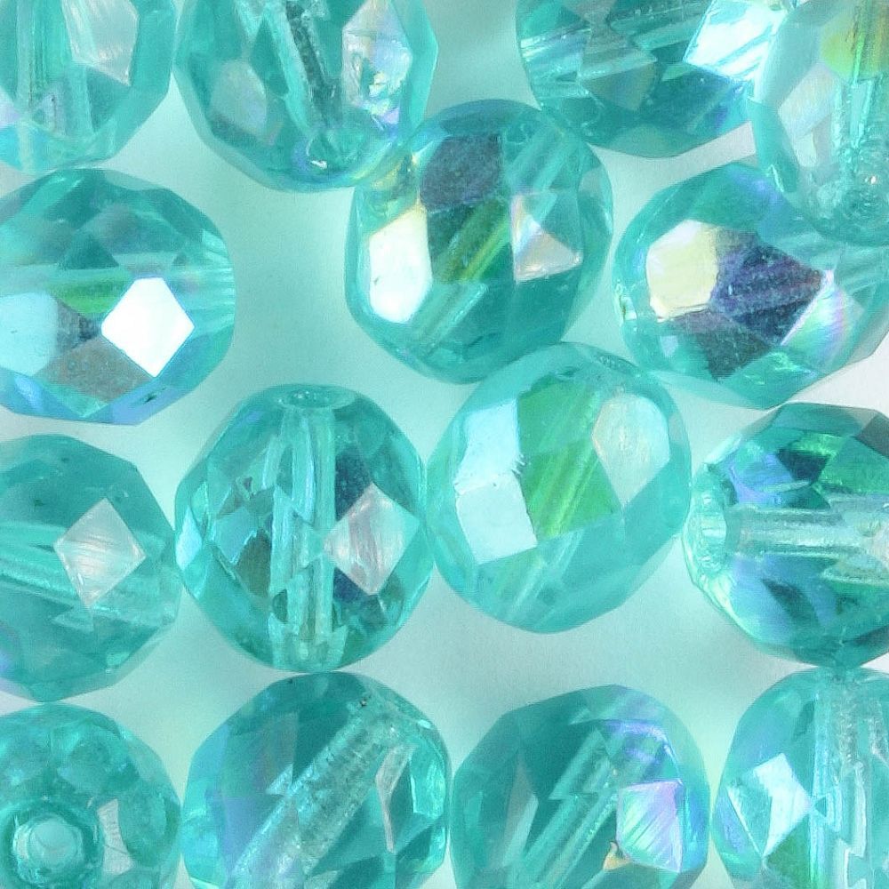 8mm Round Fire Polish Lt Aqua AB - 15 beads