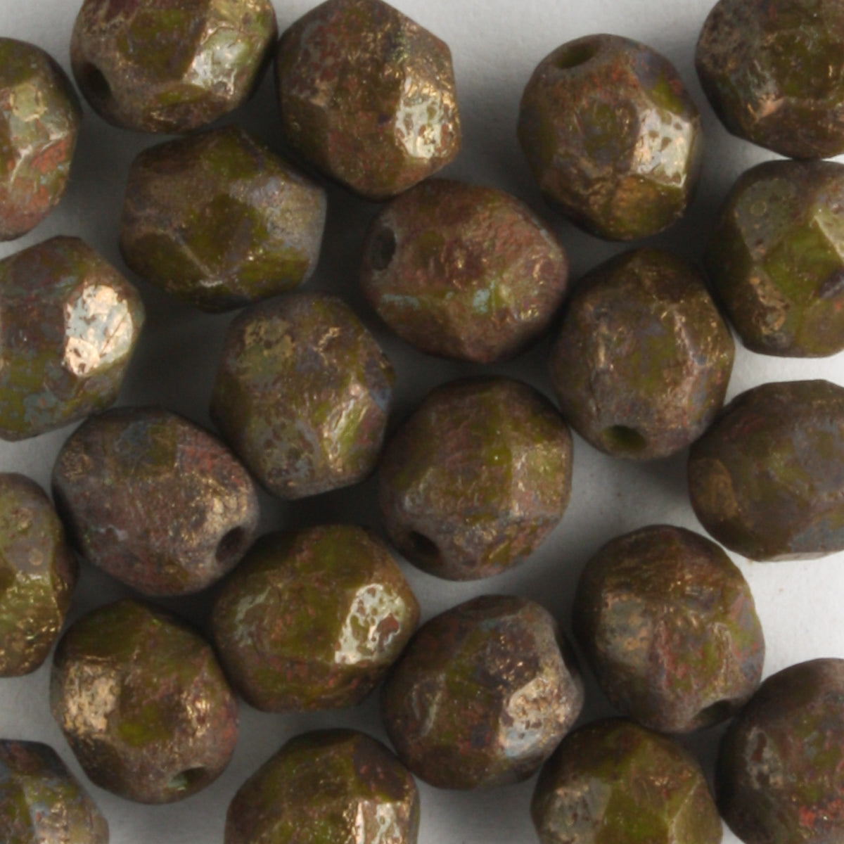 6mm Round Fire Polish Opaque Olive Stone Copper - 25 beads