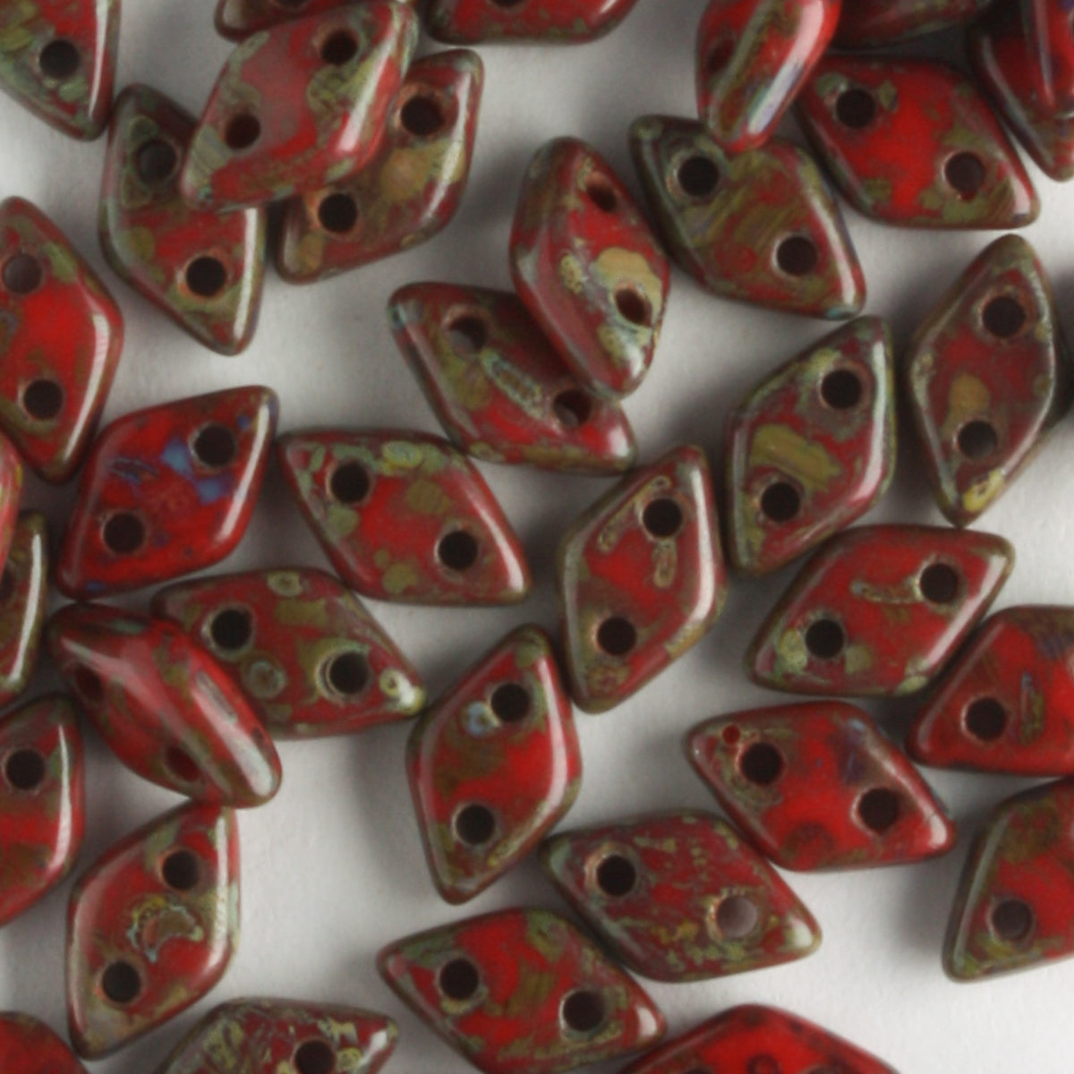 2 Hole Diamond Opaque Red Picasso - 5 grams