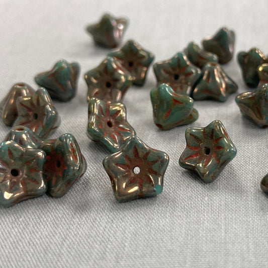 5x8mm Bell Flowers - Sea Green with Bronze - qty 25