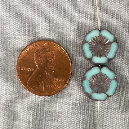 12mm Hibiscus Flower - Blue/Green - qty 8