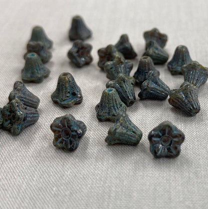 5x6mm Bell Flowers - Black Picasso with Turquoise - qty 30