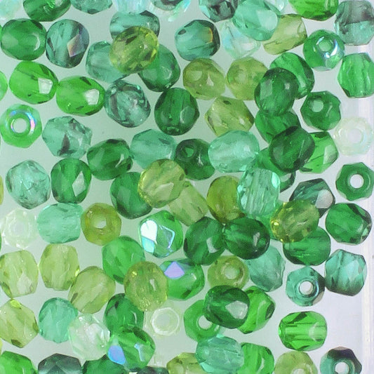 3mm Round Fire Polish Green Mix - 100 beads