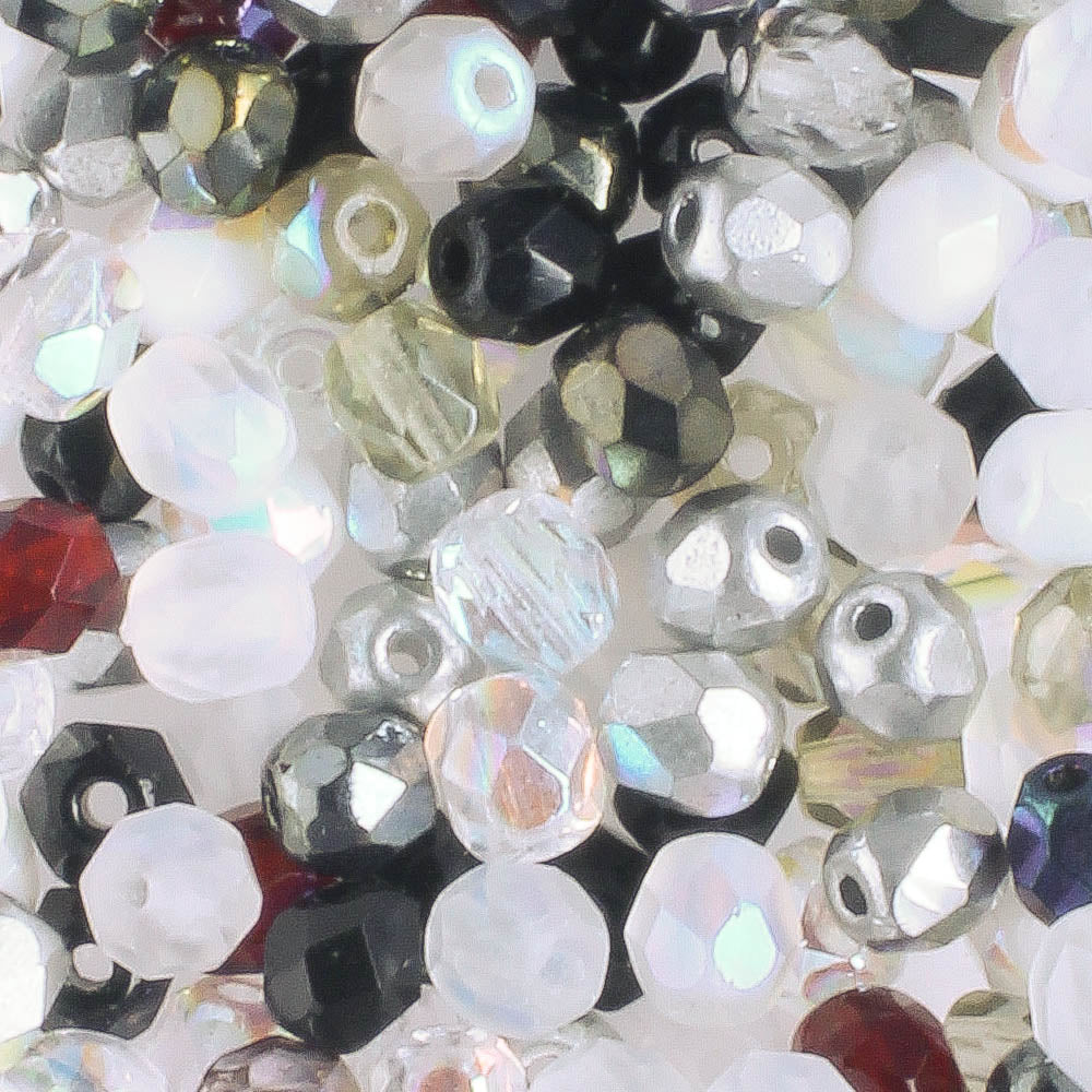 4mm Round Fire Polish Black White Mix - 100 beads