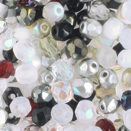 4mm Round Fire Polish Black White Mix - 100 beads