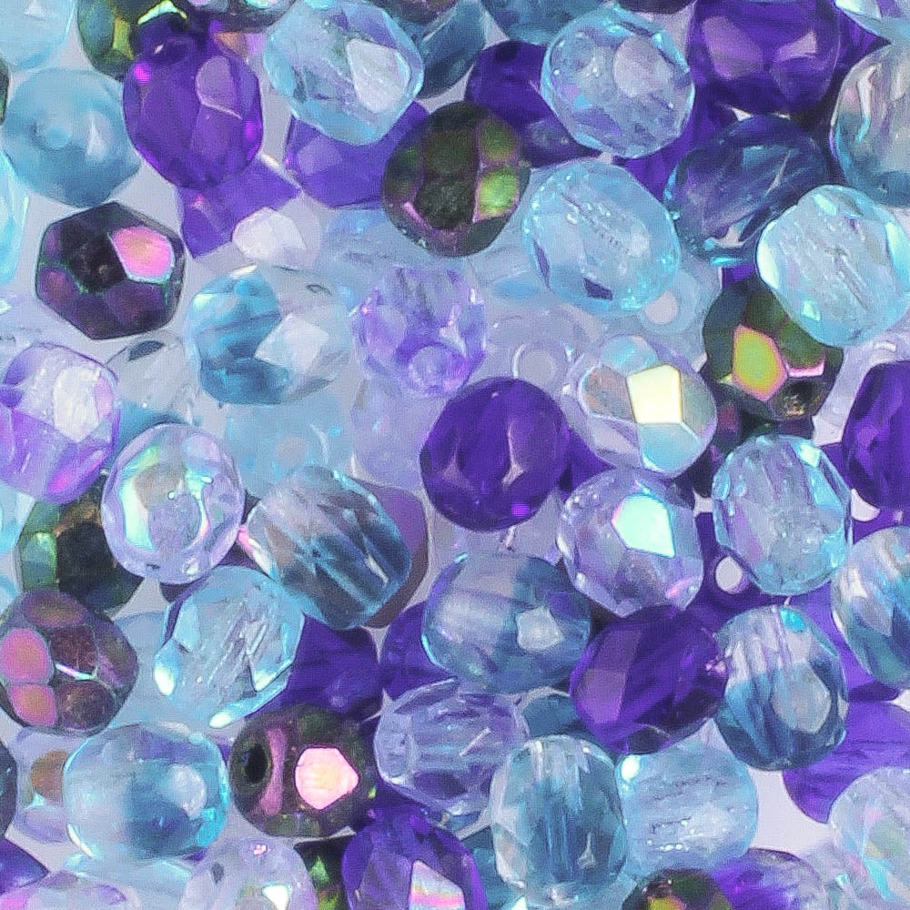 4mm Round Fire Polish Blue Mix - 100 beads