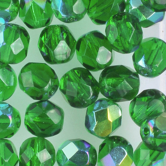6mm Round Fire Polish Emerald AB - 25 beads