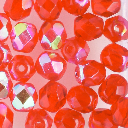 6mm Round Fire Polish Light Red AB - 25 beads