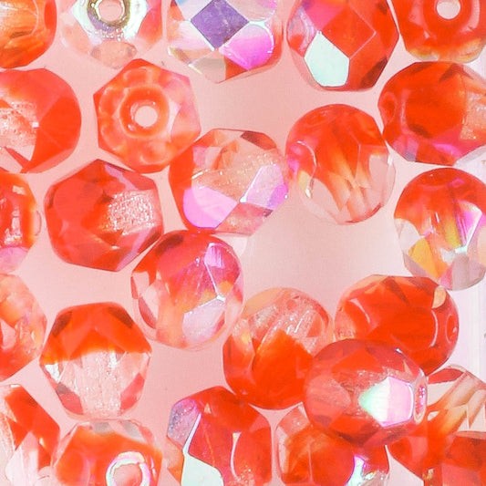 6mm Round Fire Polish Clear Red AB - 25 beads