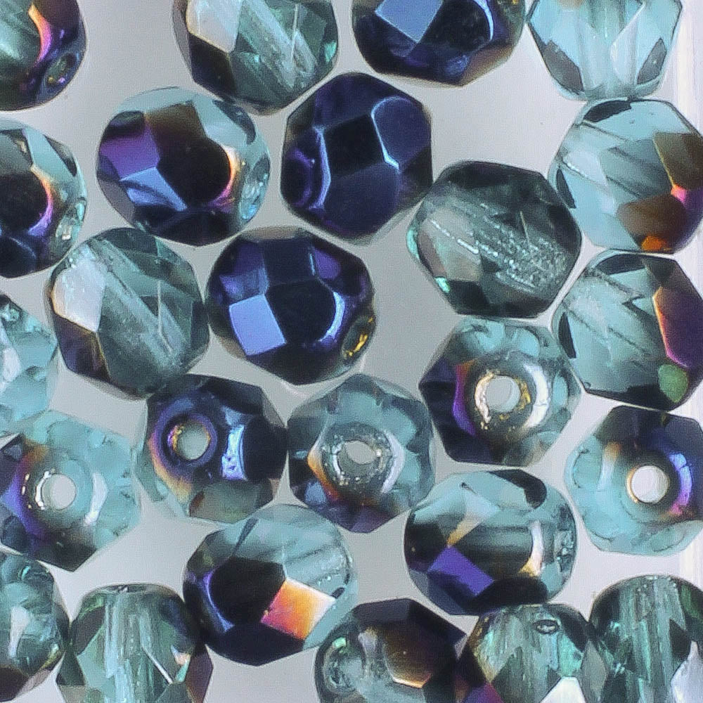 6mm Round Fire Polish Aqua Iris - 25 beads
