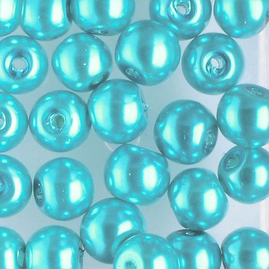 6mm Round Glass Pearl Turquoise - 25 beads