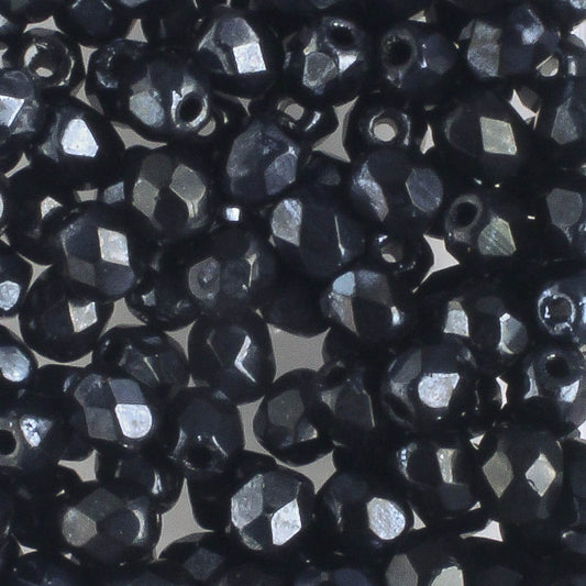 4mm Round Fire Polish Jet Hematite - 100 beads