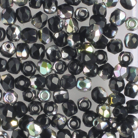 3mm Fire Polish Jet Apollo Silver - 100 beads