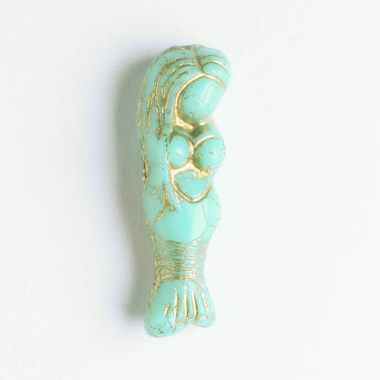 Czech Glass Mermaid Bead - Sea Green with Gold - each