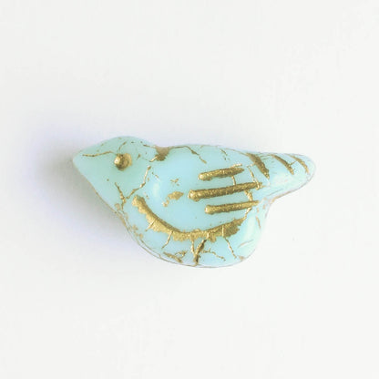 Czech Glass Bird Bead - Tea Green with a Gold Wash - each
