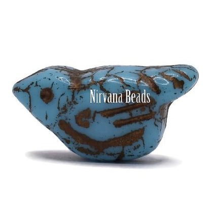 Czech Glass Bird Bead - Sky Blue with a Metallic Brown Wash - each