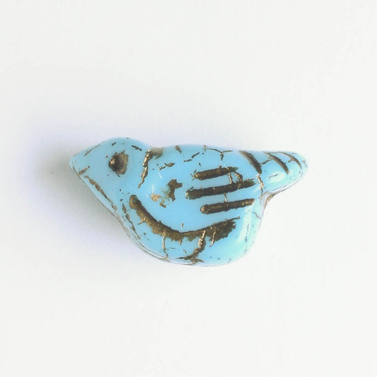 Czech Glass Bird Bead - Sky Blue with a Metallic Brown Wash - each