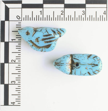 Czech Glass Bird Bead - Sky Blue with a Metallic Brown Wash - each