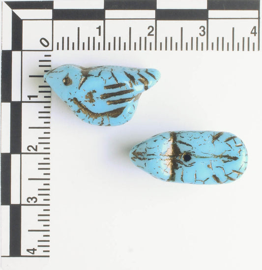 Czech Glass Bird Bead - Sky Blue with a Metallic Brown Wash - each