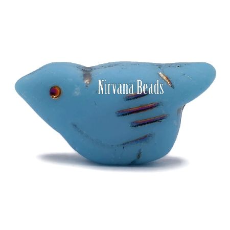 Czech Glass Bird Bead - Matte Sky Blue with  a Metallic Wash - each