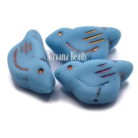 Czech Glass Bird Bead - Matte Sky Blue with  a Metallic Wash - each