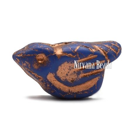 Czech Glass Bird Bead - Matte Indigo with Copper - each