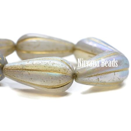 Czech Glass Melon Drop Bead - Pale Grey AB with Gold - each