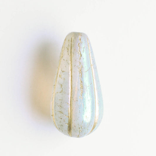 Czech Glass Melon Drop Bead - Pale Grey AB with Gold - each
