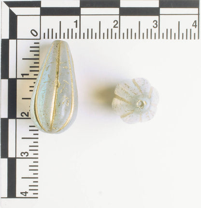 Czech Glass Melon Drop Bead - Pale Grey AB with Gold - each