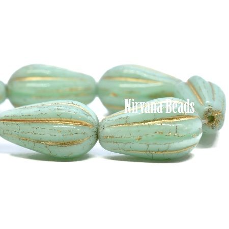 Czech Glass Melon Drop Bead - Mint with Gold - each