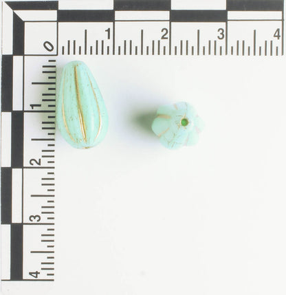 Czech Glass Melon Drop Bead - Mint with Gold - each