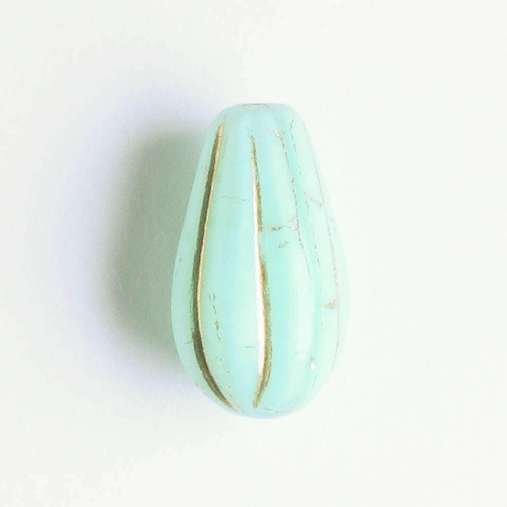 Czech Glass Melon Drop Bead - Mint with Gold - each