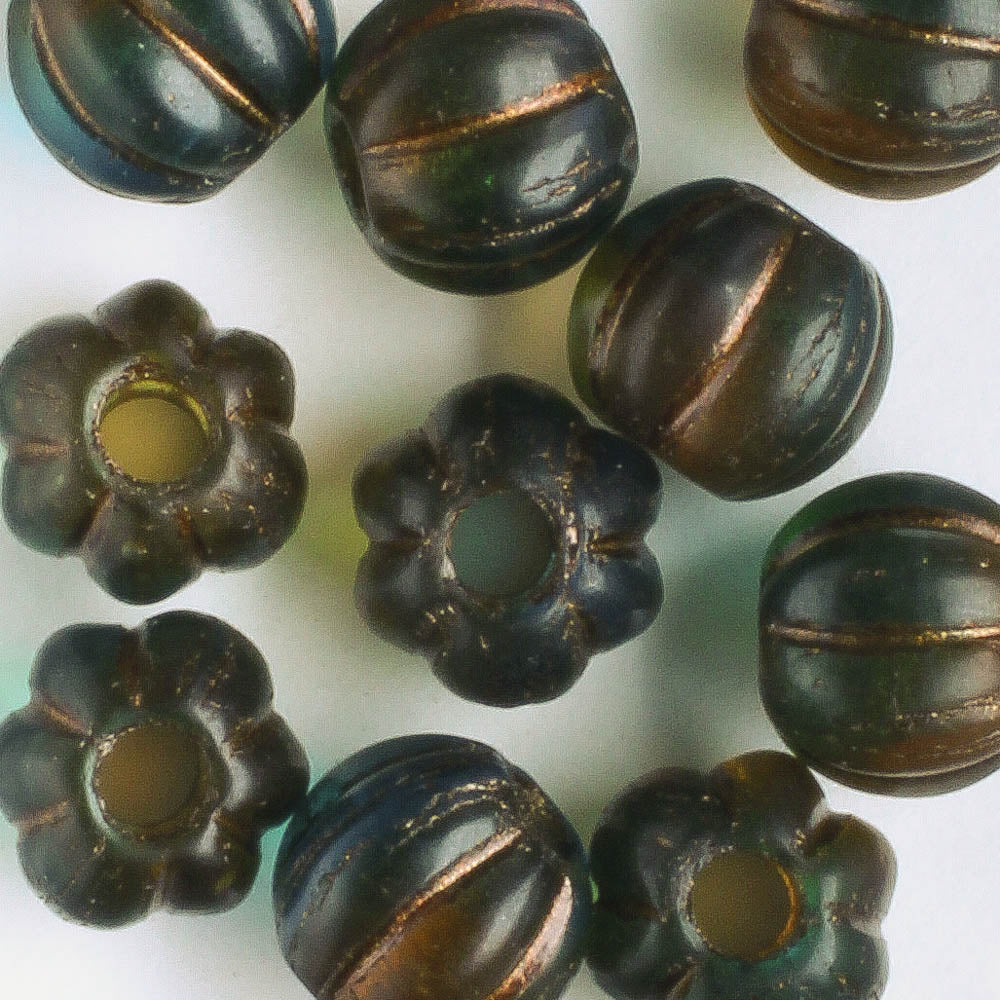 8mm Large Hole Melon - Teal, Amber, and Artichoke with Copper - Qty 10