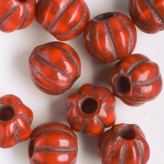 8mm Large Hole Melon - Ruby Red with Bronze - Qty 10