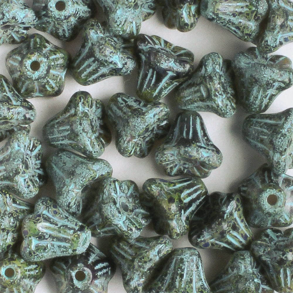 5x6mm Bell Flowers - Black Picasso with Turquoise - qty 30